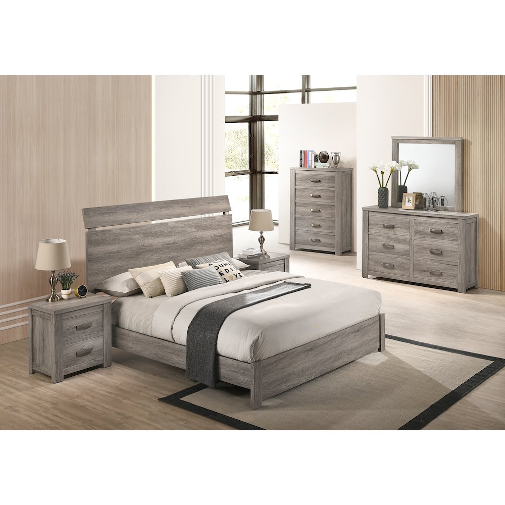 Weathered Gray Wood Bedroom Set, Queen Bed, Dresser, Mirror,2 Nightstands, Chest. Picture 3
