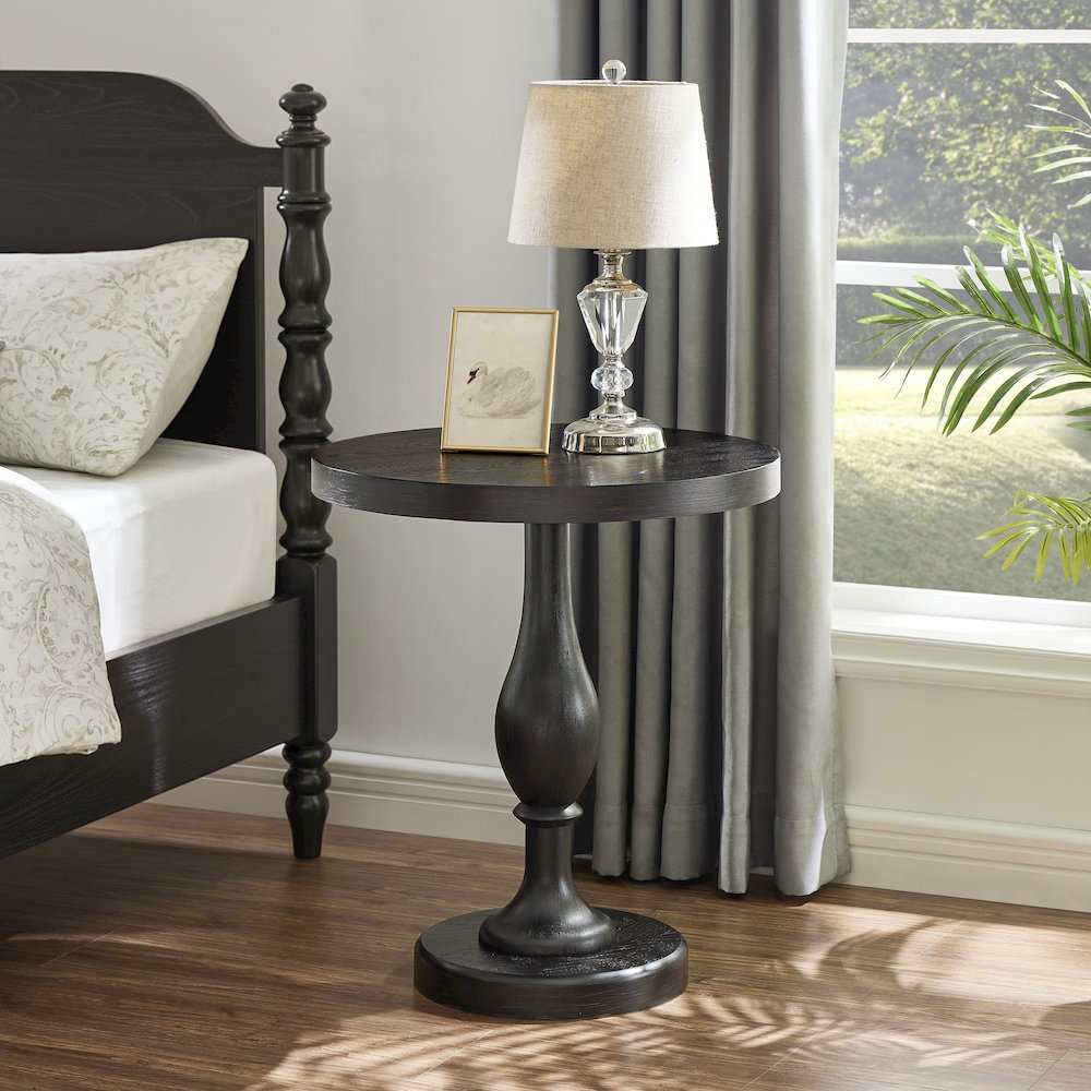 Solmere 22" Round Wood Pedestal End Table, Black. Picture 4