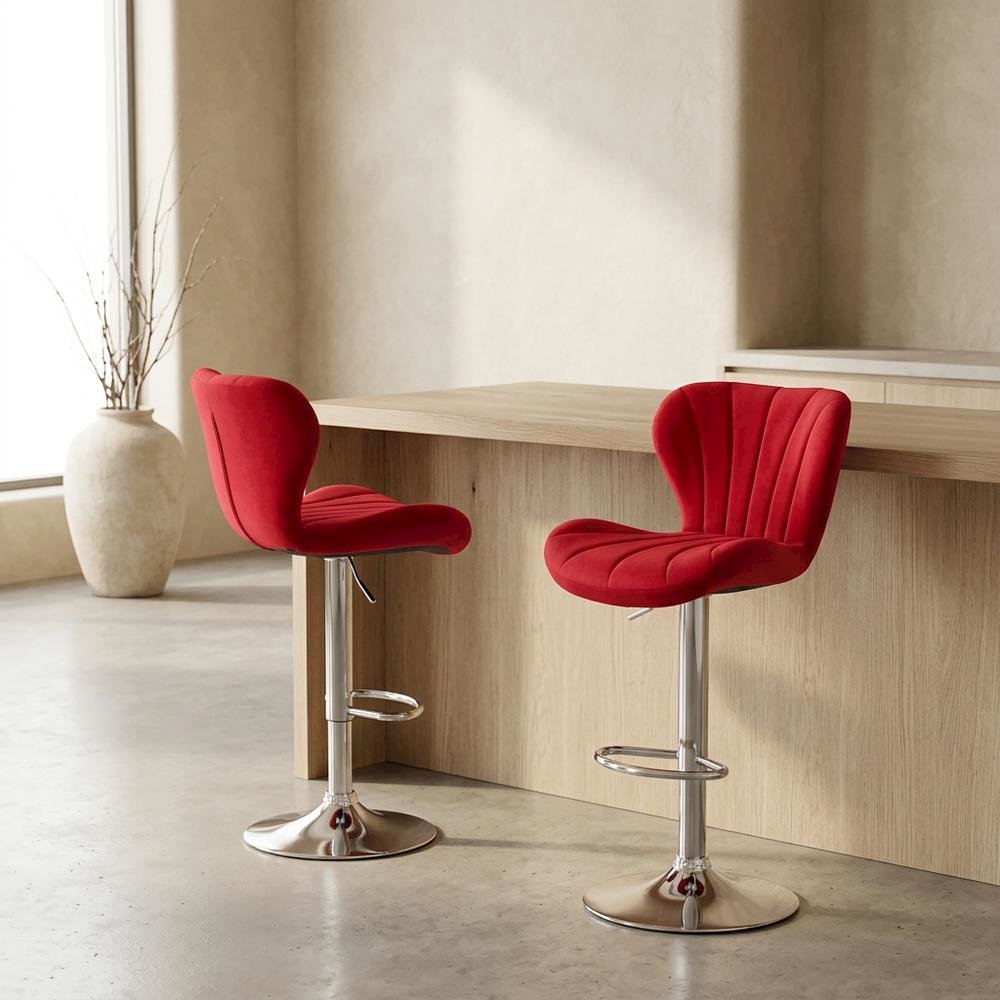 Red Upholstered Adjustable Swivel Barstool Set with Cushioned Comfort. Picture 2