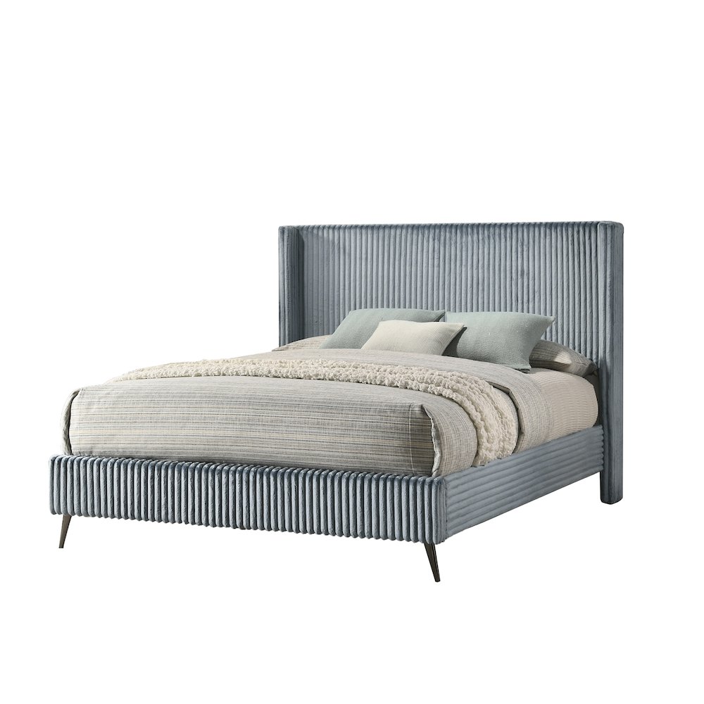 Mavela Wide Wale Corduroy Upholstery Panel King Bed, Blue. Picture 1