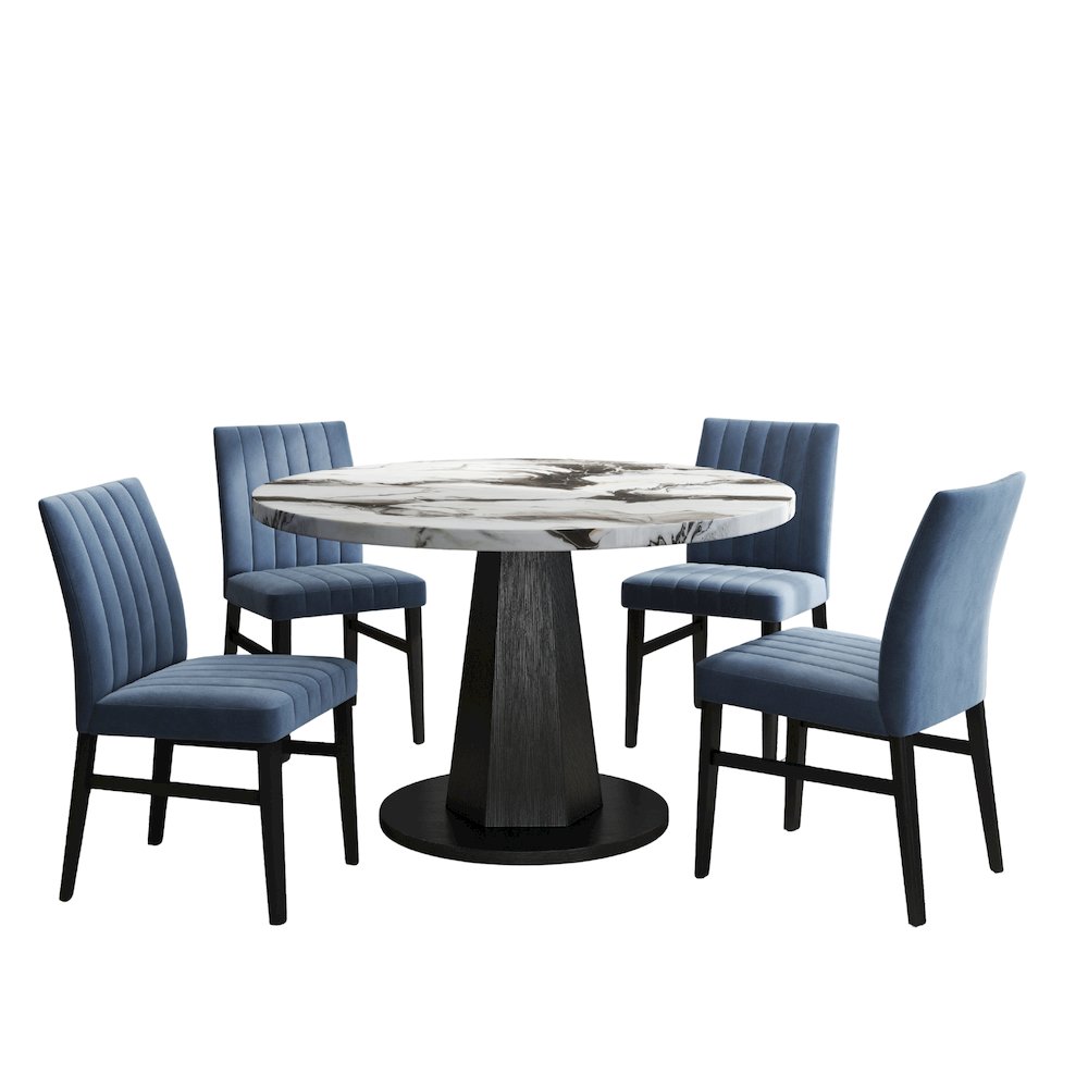 5-Piece Dining Set, Off-White Faux Marble Dining Table with Four Chairs, Blue. Picture 1