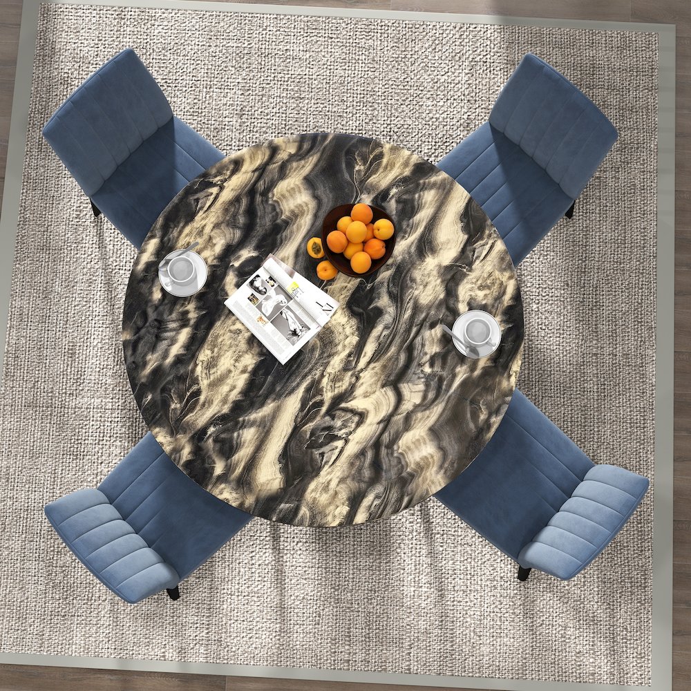 5-Piece Dining Set, Black and Gold Faux Marble Dining Table Four Chairs, Blue. Picture 5