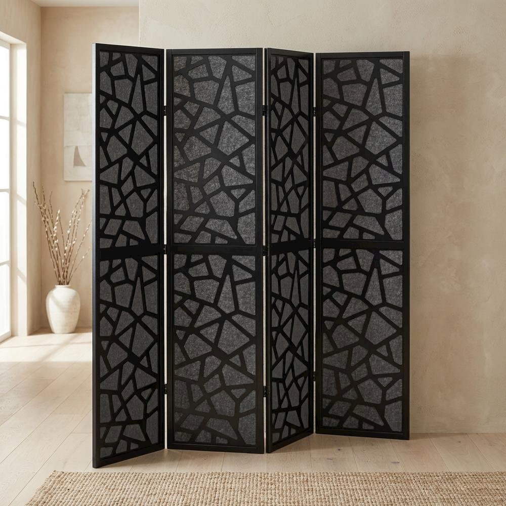 Black 4-Panel MDF Folding Room Divider, Fabric, 70 Inch. Picture 2