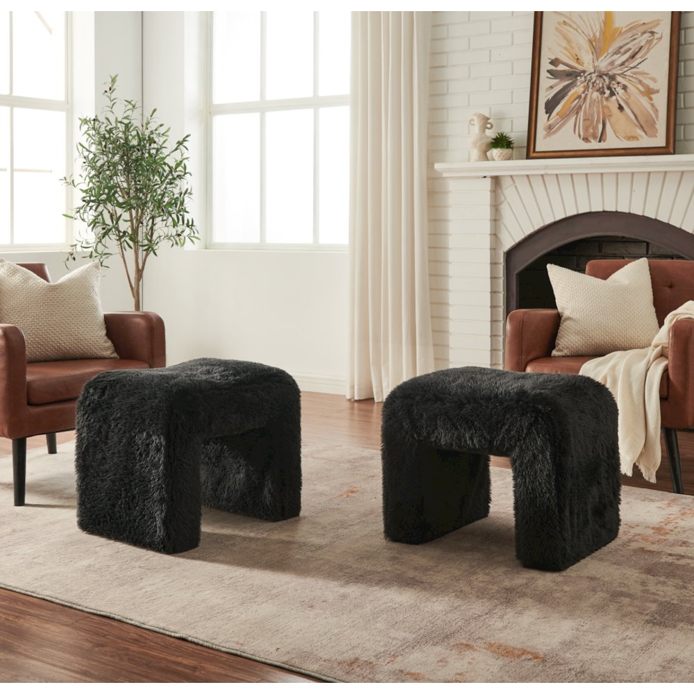 Zorya Contemporary Faux Fur U-Shaped Ottoman, Set of 2, Black. Picture 2