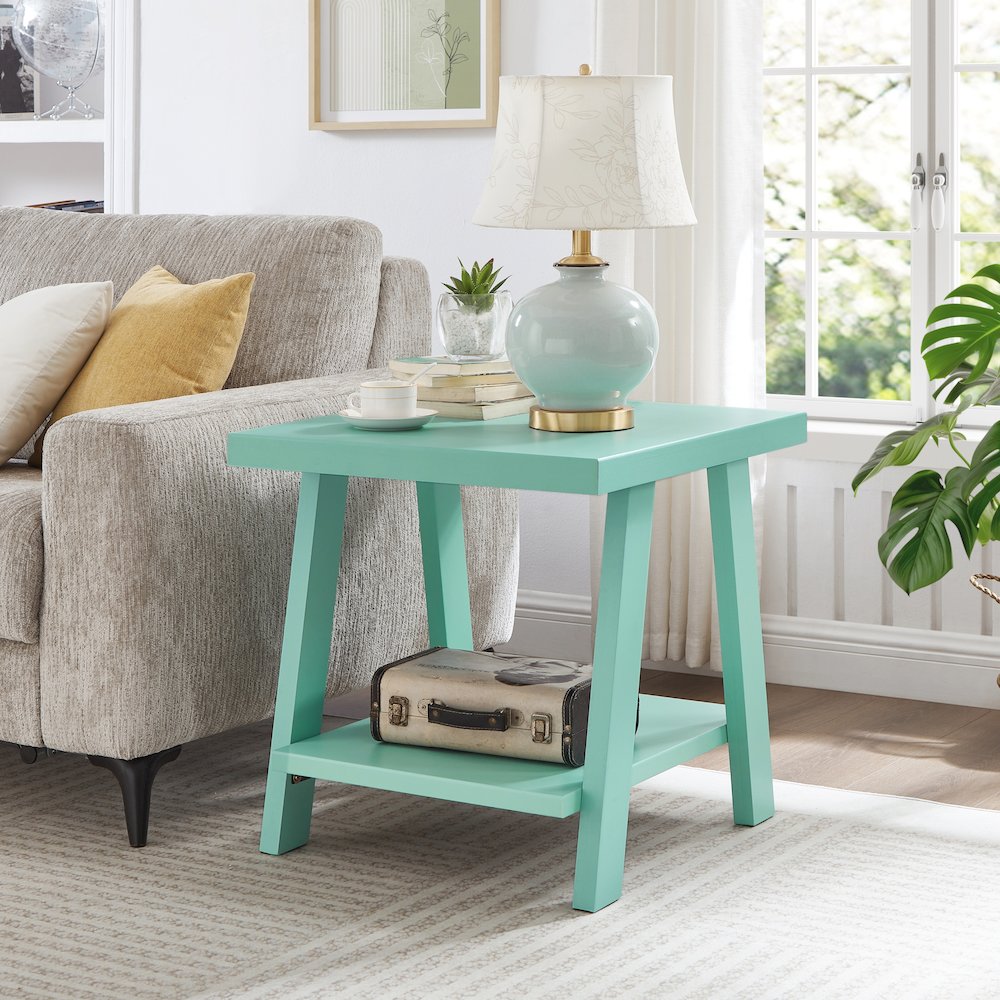 Athens Contemporary Wood Shelf End Table in Teal. Picture 2