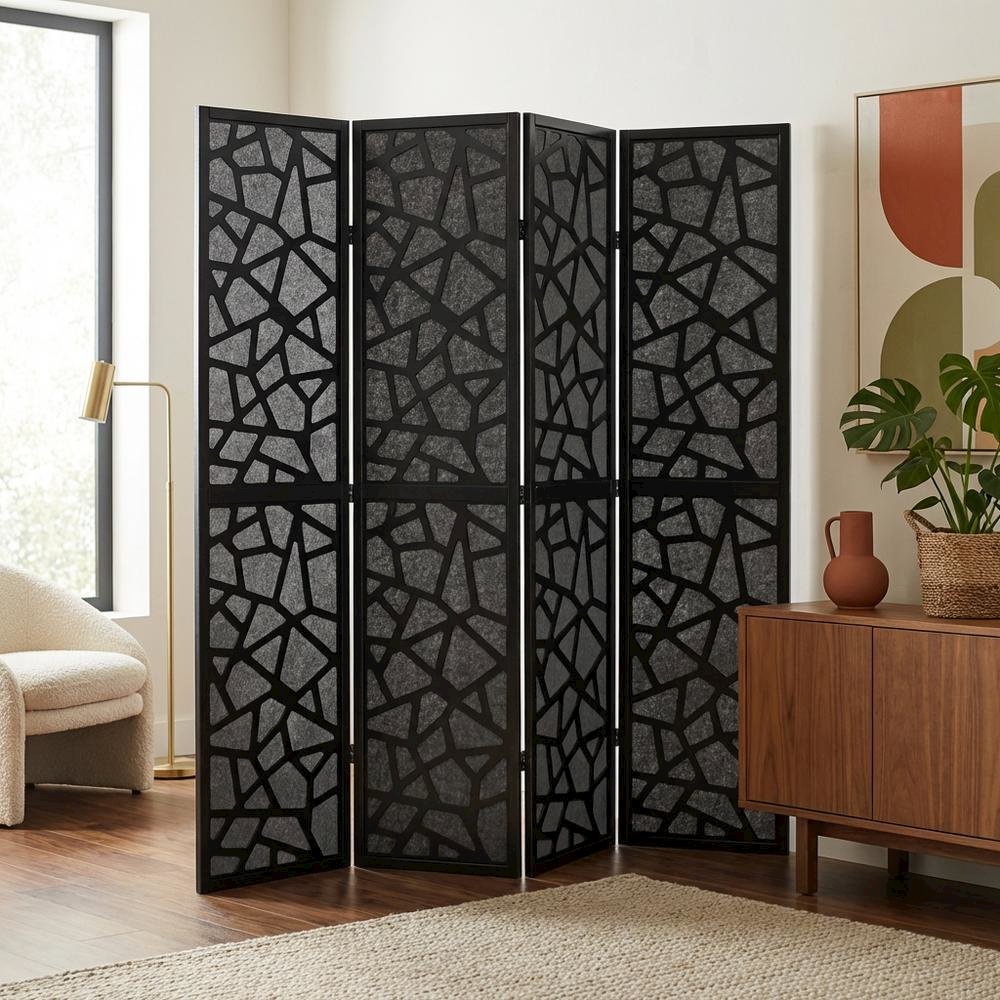 Black 4-Panel MDF Folding Room Divider, Fabric, 70 Inch. Picture 3