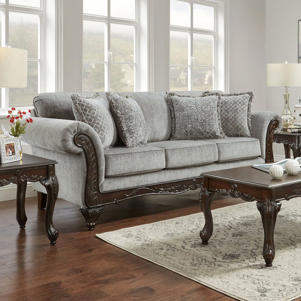 Hernen Carved Wood Frame Gray Sofa and Loveseat Set. Picture 4