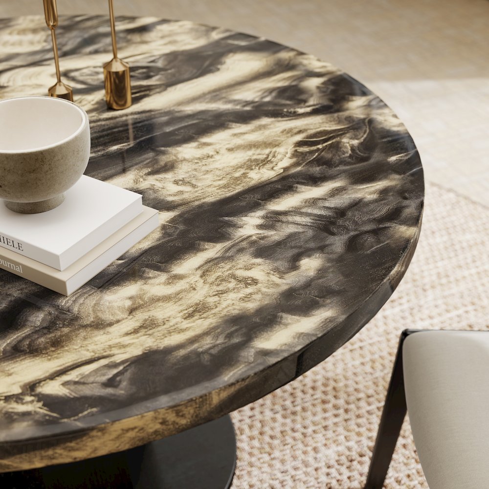 Cavira 5-PC Dining Set, Black and Gold Faux Marble Table with Four Gray Chairs. Picture 6