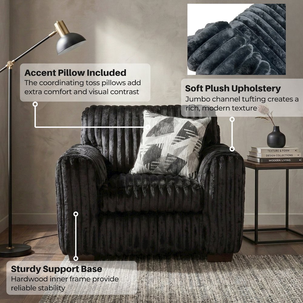 Nolan 3-Piece Living Room Set, Sofa Loveseat and Chair, Lush Black. Picture 8