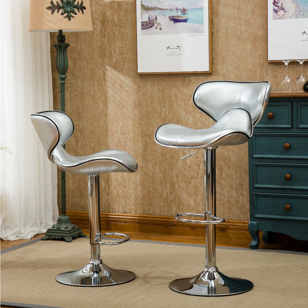 Masaccio Silver Leatherette Adjustable Swivel Barstool Chrome Base, Set of 2. Picture 2