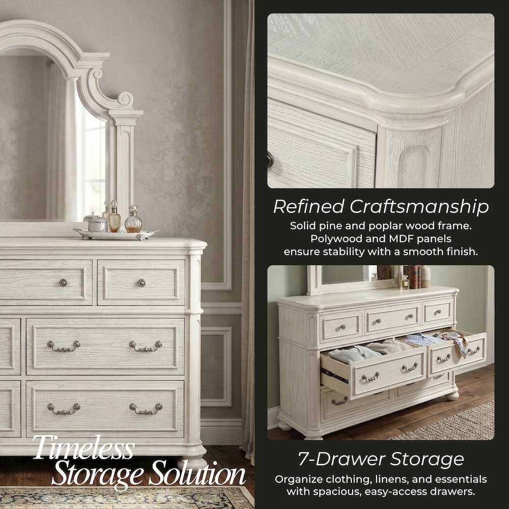 Nelson 7-Drawer Bedroom Dresser with Mirror, Antique White. Picture 6