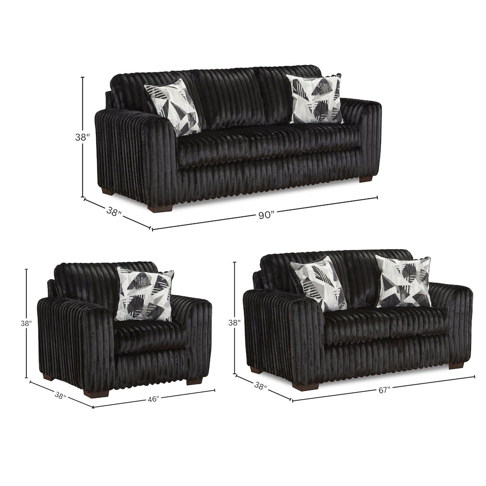 Nolan 3-Piece Living Room Set, Sofa Loveseat and Chair, Lush Black. Picture 16