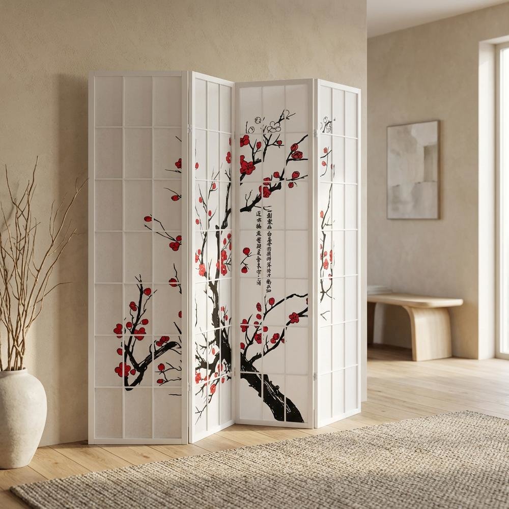 White 4-Panel Wood Folding Room Divider, Floral Print Fabric, 70 Inch. Picture 2