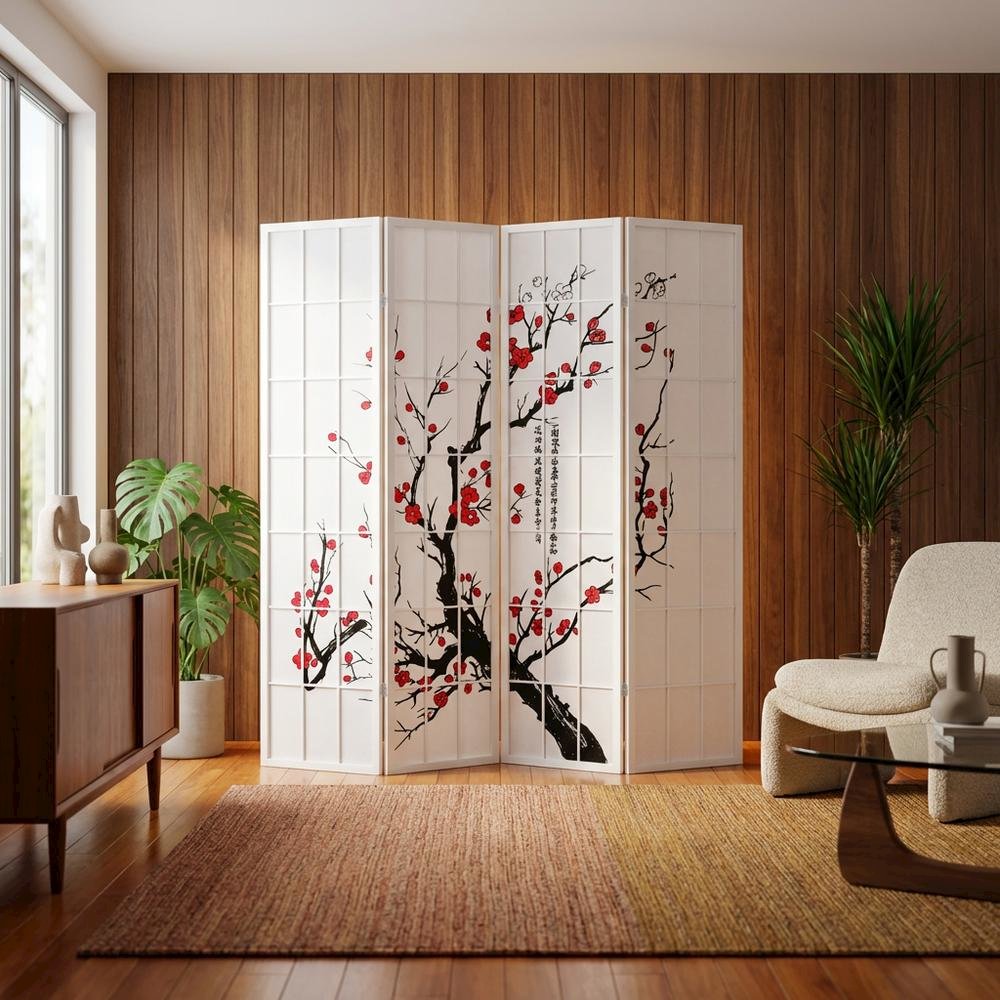 White 4-Panel Wood Folding Room Divider, Floral Print Fabric, 70 Inch. Picture 3