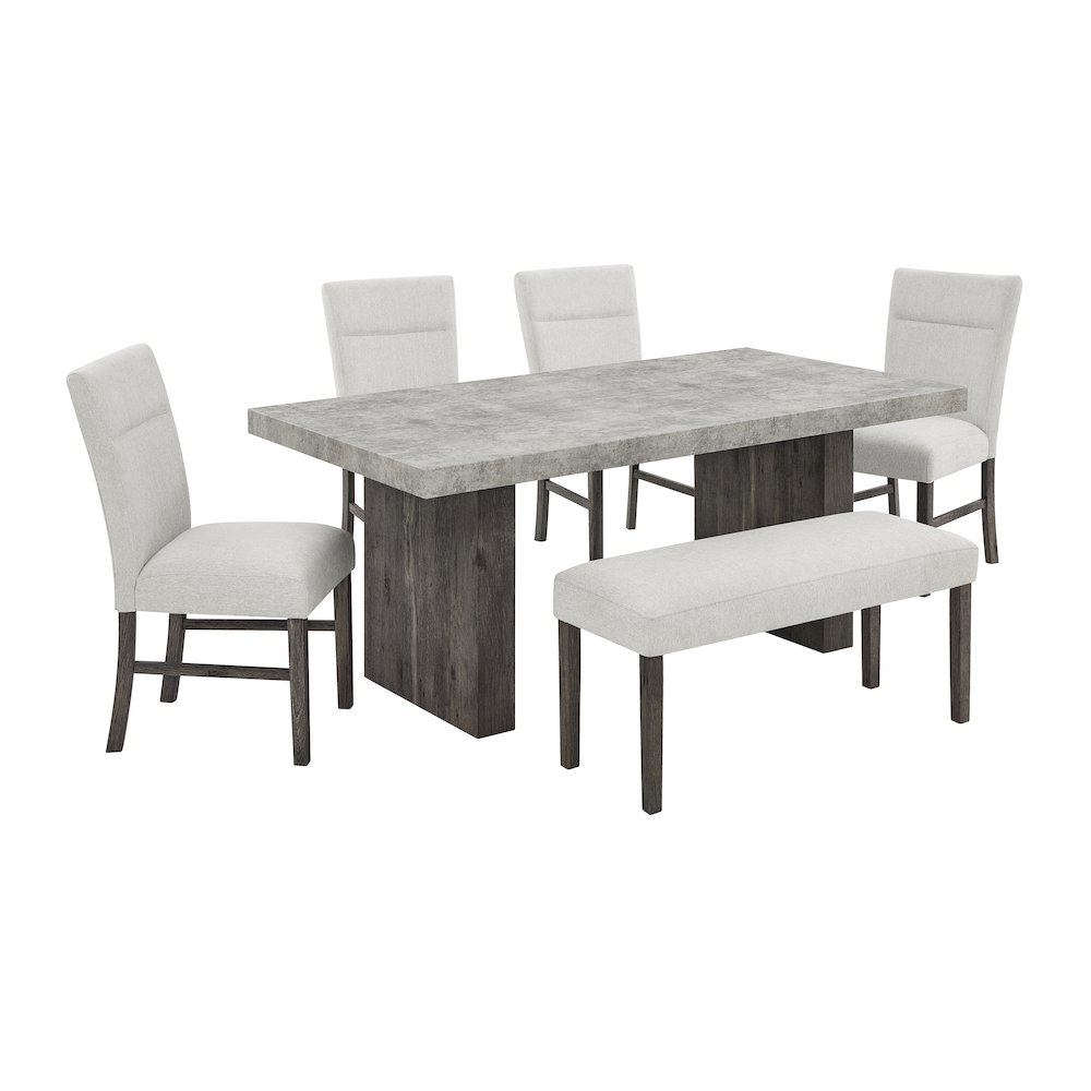 Sorlen Modern 6-Piece Dining Set, 3D Faux Concrete Table with 4 Chairs and Bench. Picture 1