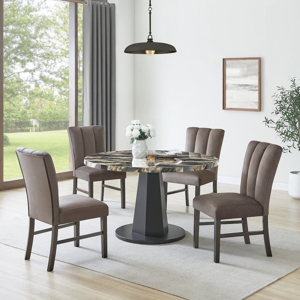Cavira 5-PC Dining Set, Black and Gold Faux Marble Table with 4 Brown Chairs. Picture 2