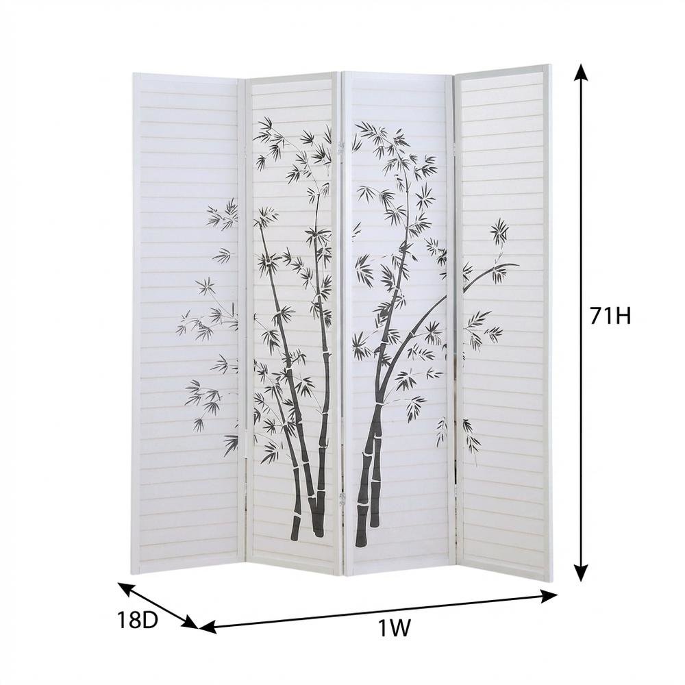 White 4-Panel Wood Folding Room Divider, Bamboo Print Rice Paper, 71 Inch. Picture 7
