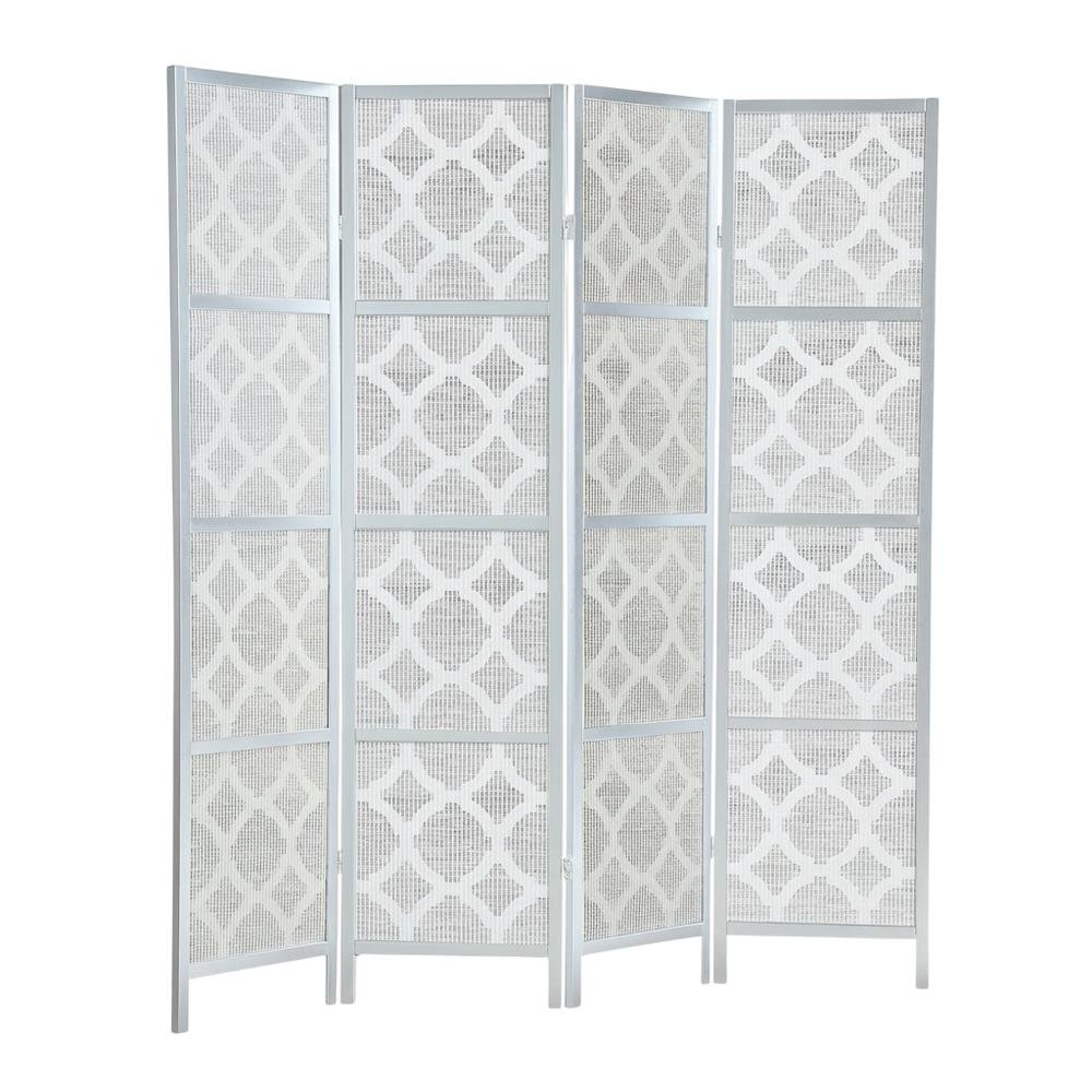 Silver 4-Panel Wood Folding Room Divider, Fabric Diamond Design, 70 Inch. Picture 1