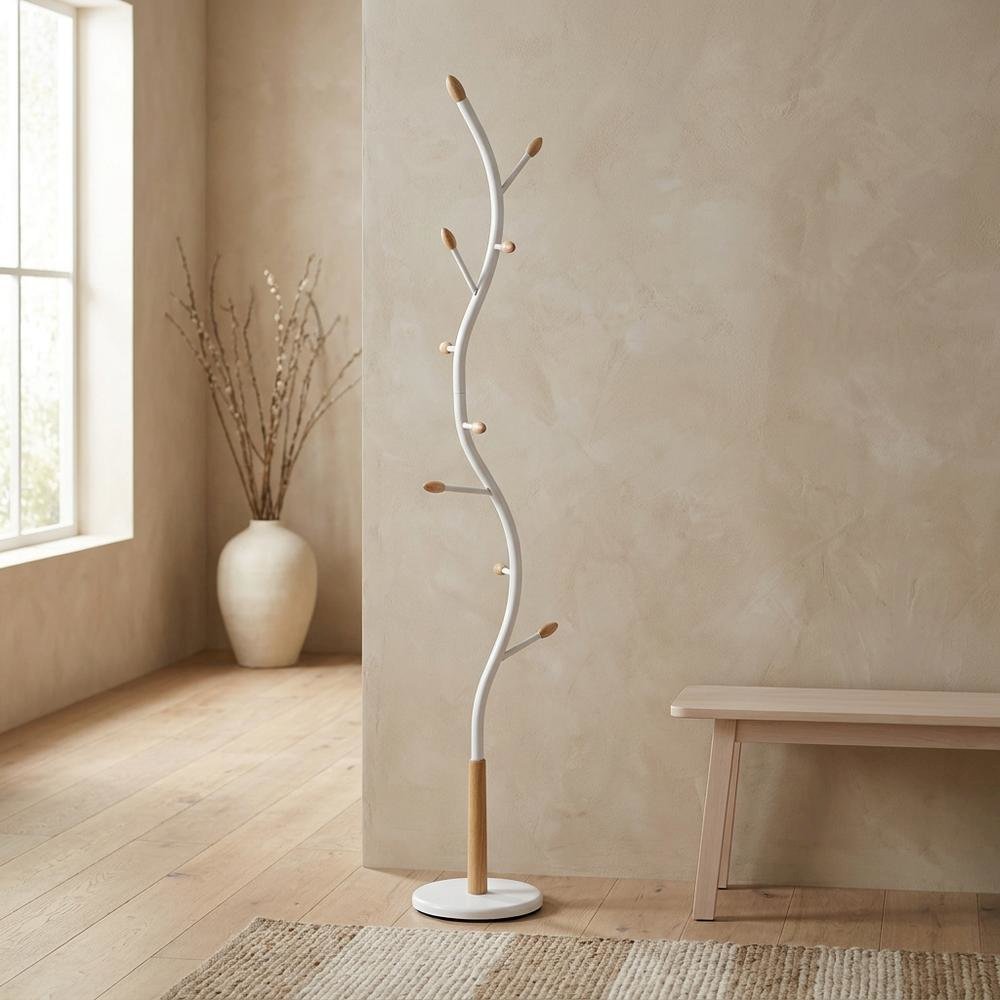 White Metal Oak Standing Coat Rack, Free Standing Hooks, Modern Design. Picture 2