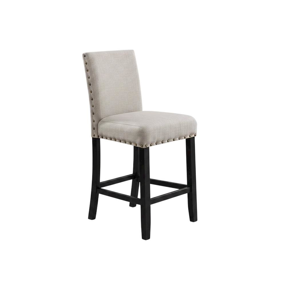 Tan fabric counter height stools with nailhead trim, set of 2. Picture 4