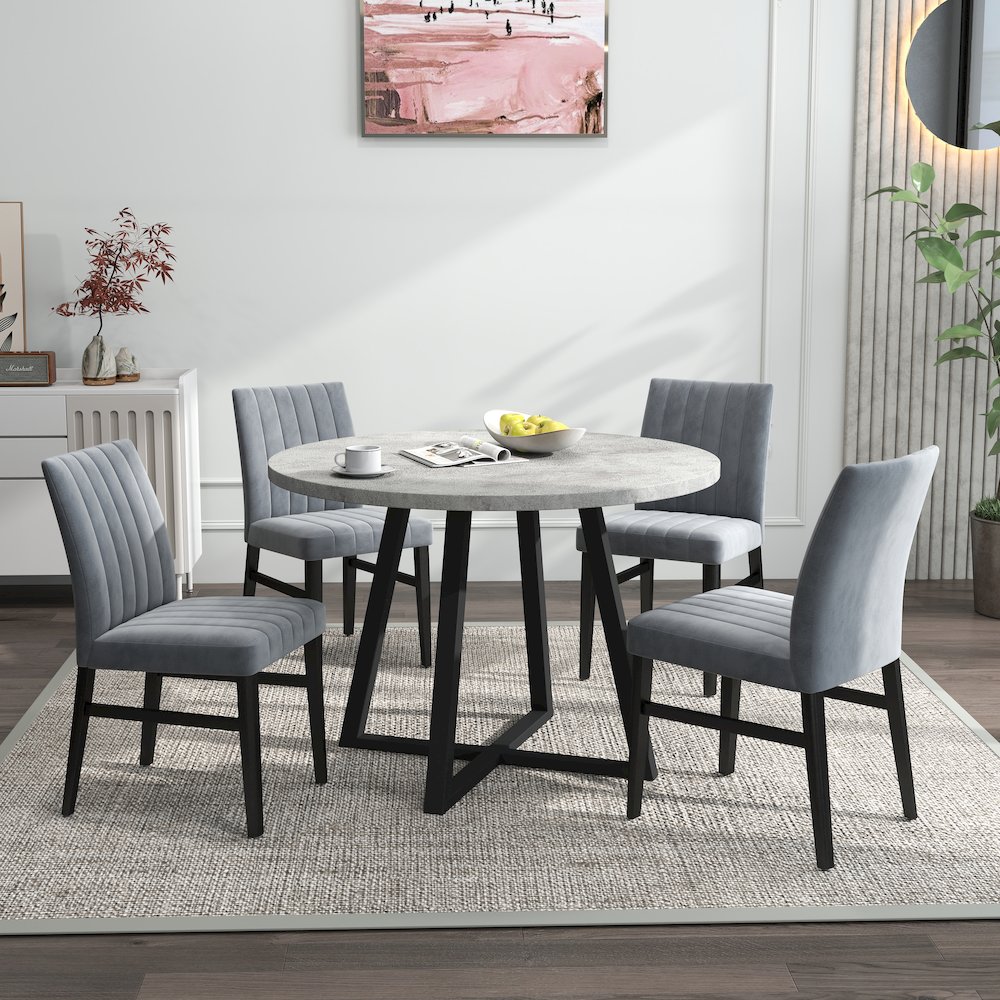 Edo 5-Piece Dining Set, Round Trestle Table and 4 Upholstered Chairs, Gray. Picture 2