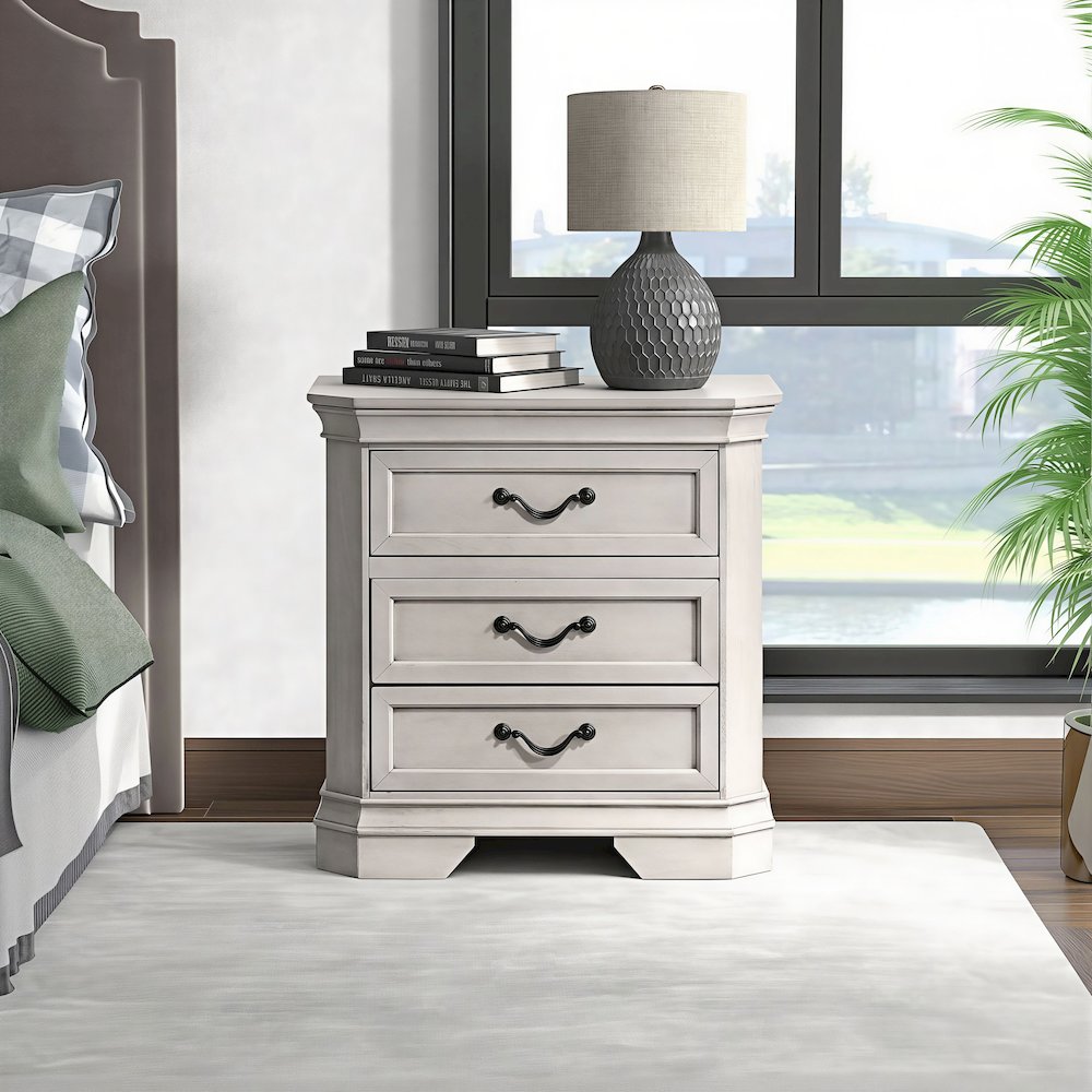 Maderne Wood 3-Drawer Nightstand, Antique White Finish. Picture 4