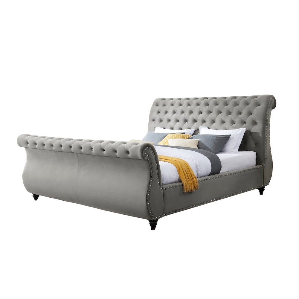 Evora Gray Velvet Upholstered Button Tufted Sleigh Bed, Queen. Picture 1