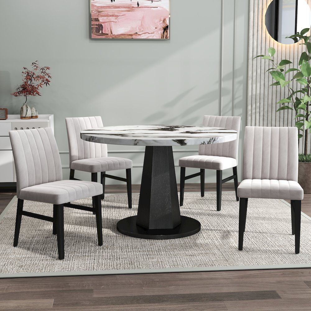 5-Piece Dining Set, Off-White Faux Marble Dining Table with Four Chairs, Tan. Picture 3