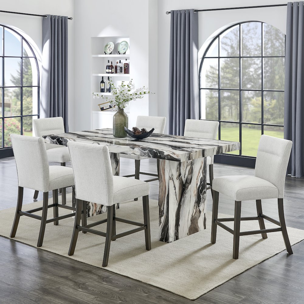 Cavira 7-Piece Modern Faux Marble Dining Set, Counter Height Table with 6 Chairs. Picture 3