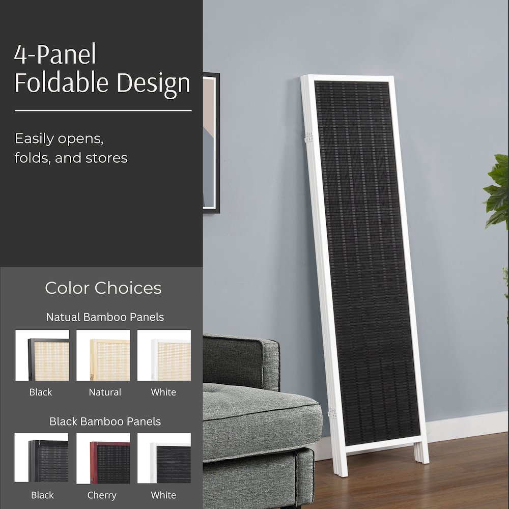 Inkwell 4-Panel Bamboo Room Divider, Folding Screen, Black with White Frame. Picture 4