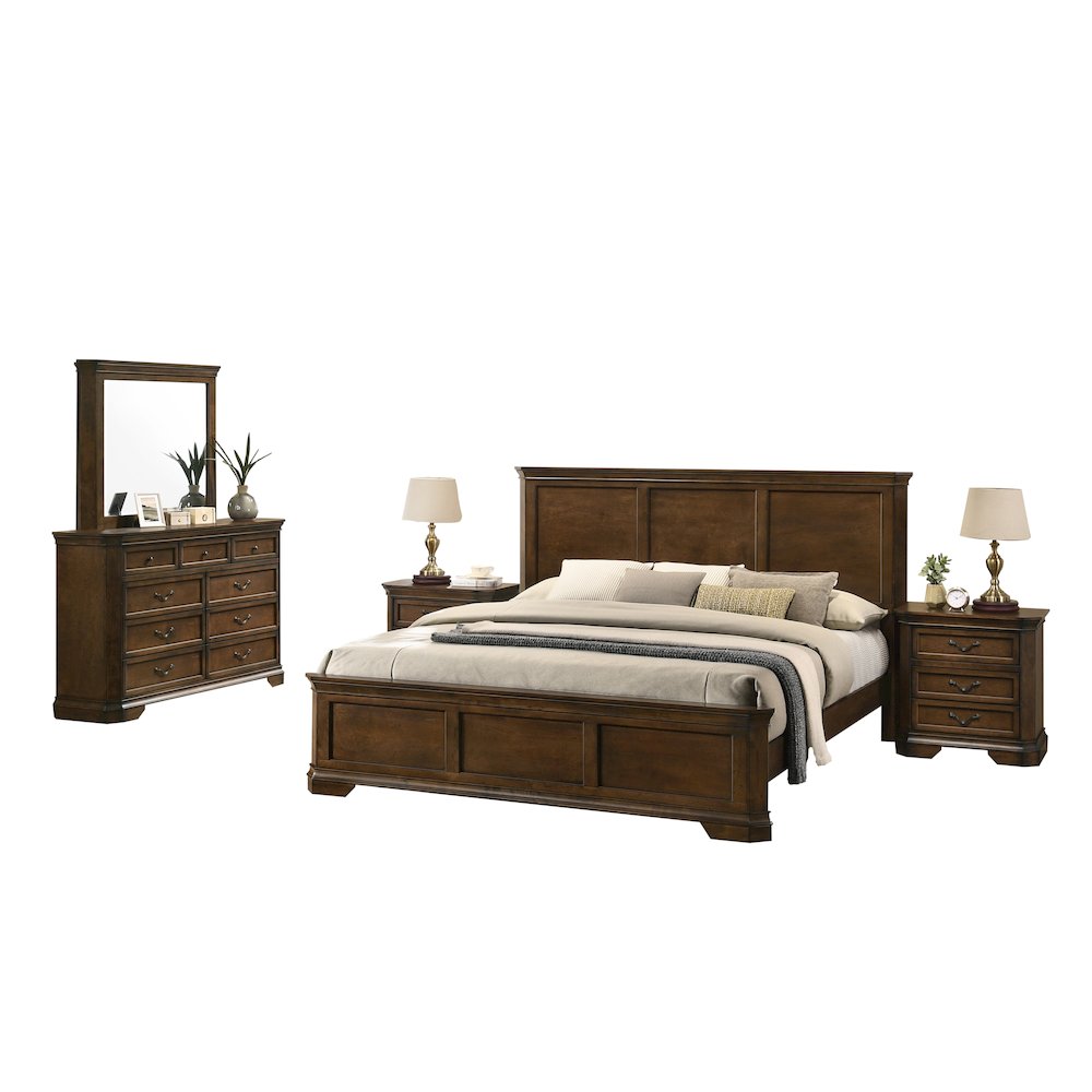Wood Panel Bed, Dresser, Mirror, 2 Nightstands, King, Antique Walnut Finish. Picture 1