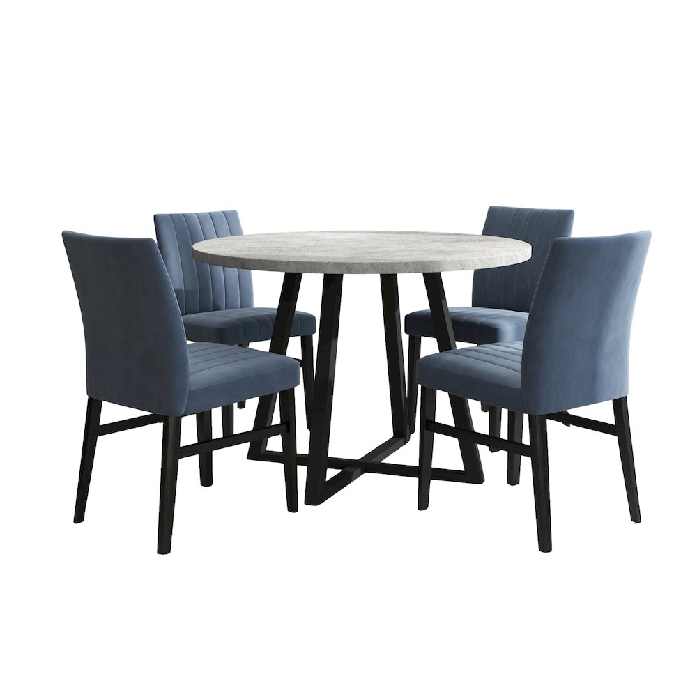 Edo 5-Piece Dining Set, Round Trestle Table and 4 Chairs, Gray and Blue. Picture 1