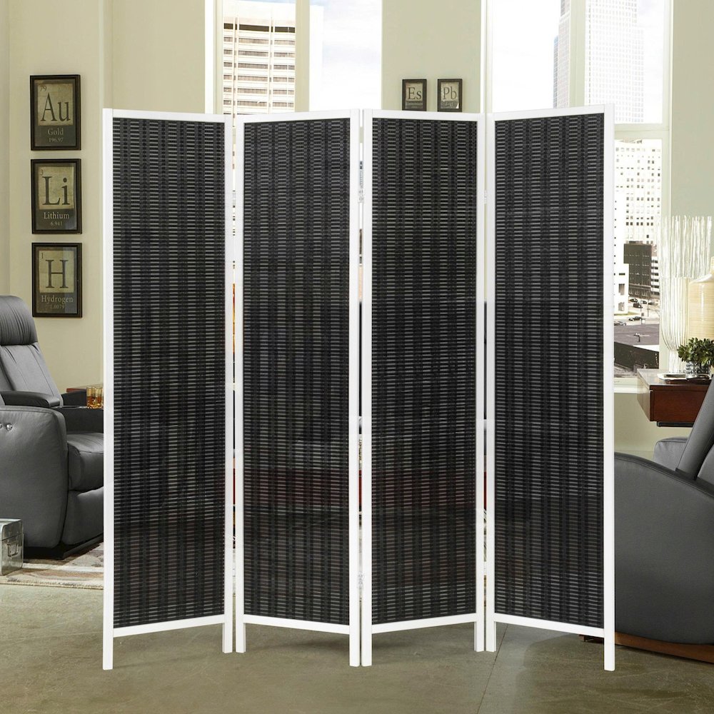 Inkwell 4-Panel Bamboo Room Divider, Folding Screen, Black with White Frame. Picture 2