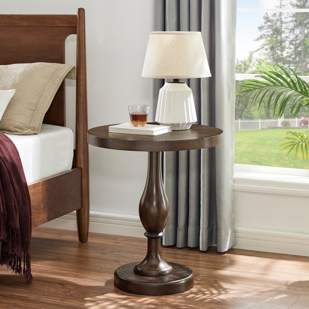 Solmere 22" Round Wood Pedestal End Table, Espresso. Picture 4
