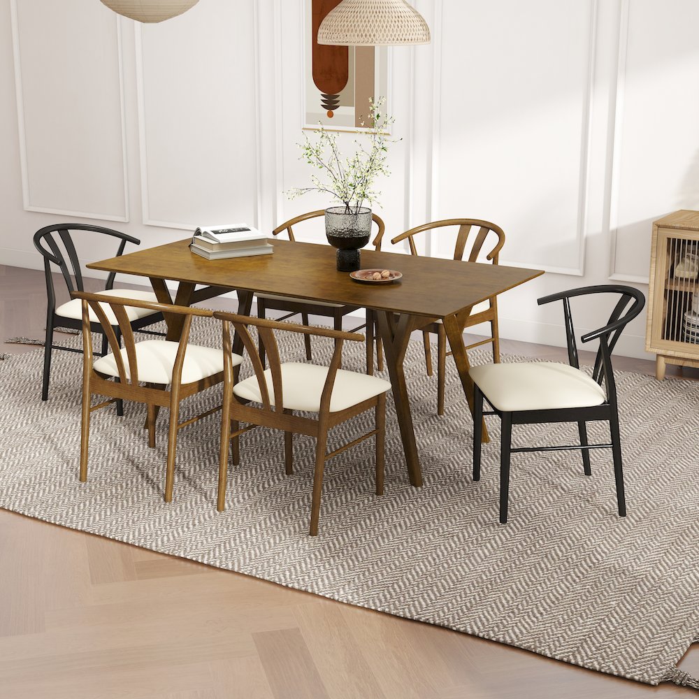 7-Piece Dining Set, Wood Dining Table with 4 Walnut and 2 Black Wishbone Chairs. Picture 5