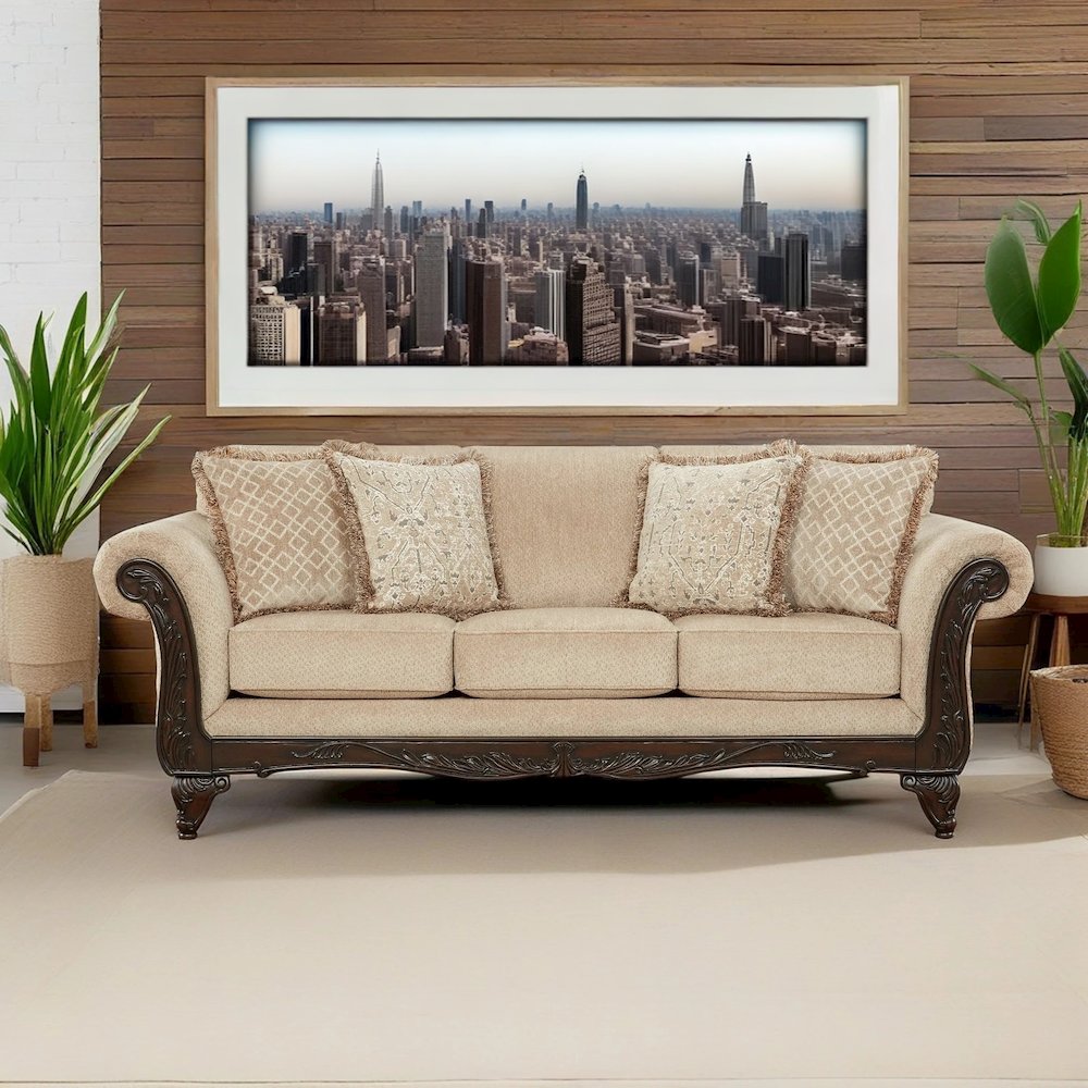 Hernen Carved Wood Frame Sofa, Emma Wheat. Picture 3