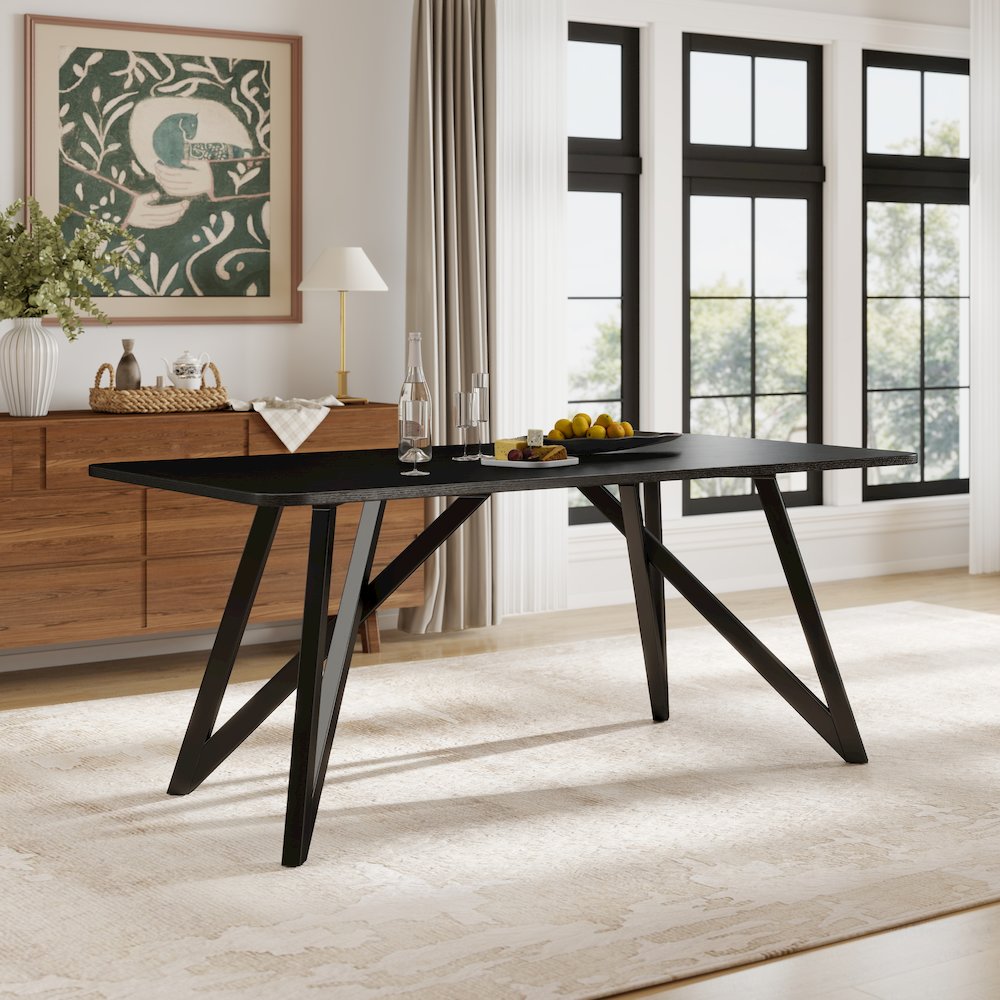 Axler 7-Piece Dining Set, Tripod-Cross Dining Table with 6 Boucle Chairs, Black. Picture 7