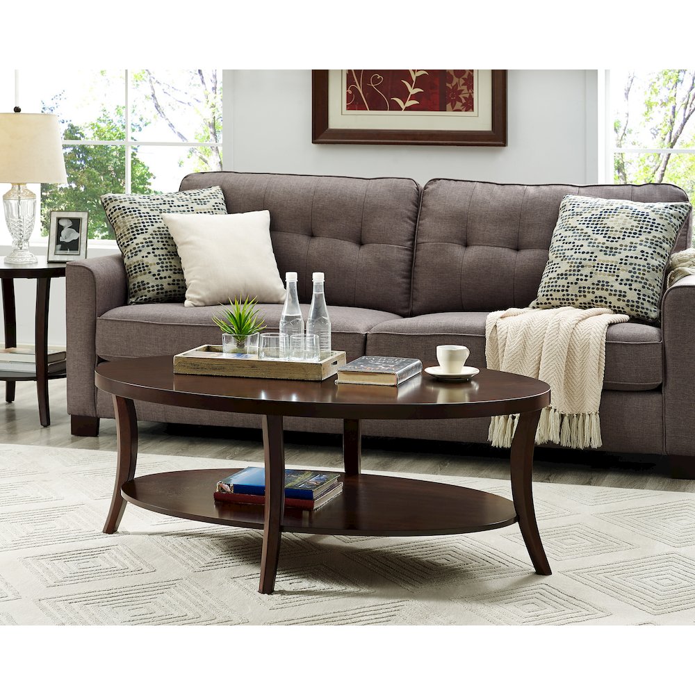 Perth Espresso Oval Coffee Table with Shelf. Picture 2