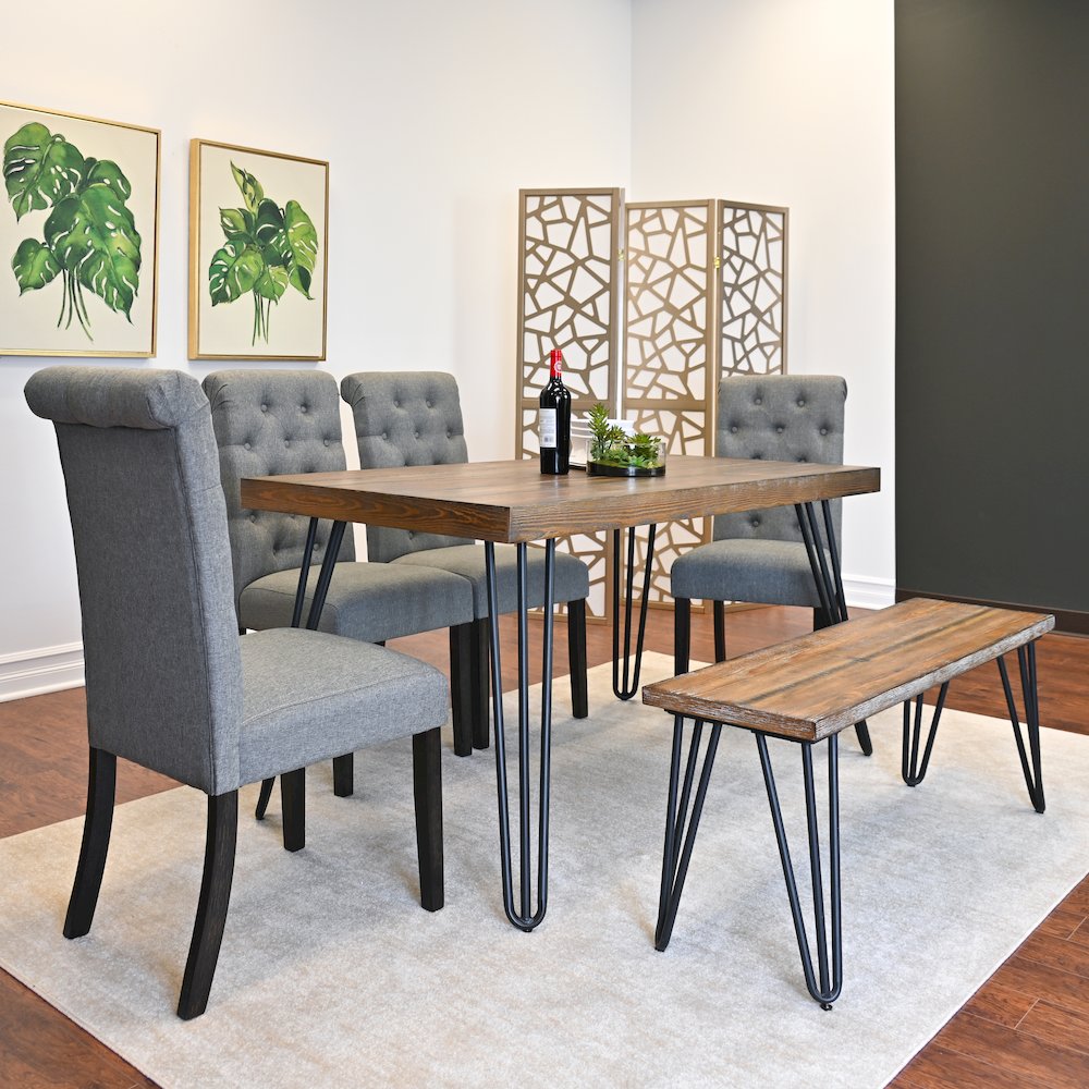 Ashford 6-Pc Dining Set, Hairpin Dining Table with 4 Chairs and Bench, Gray. Picture 3