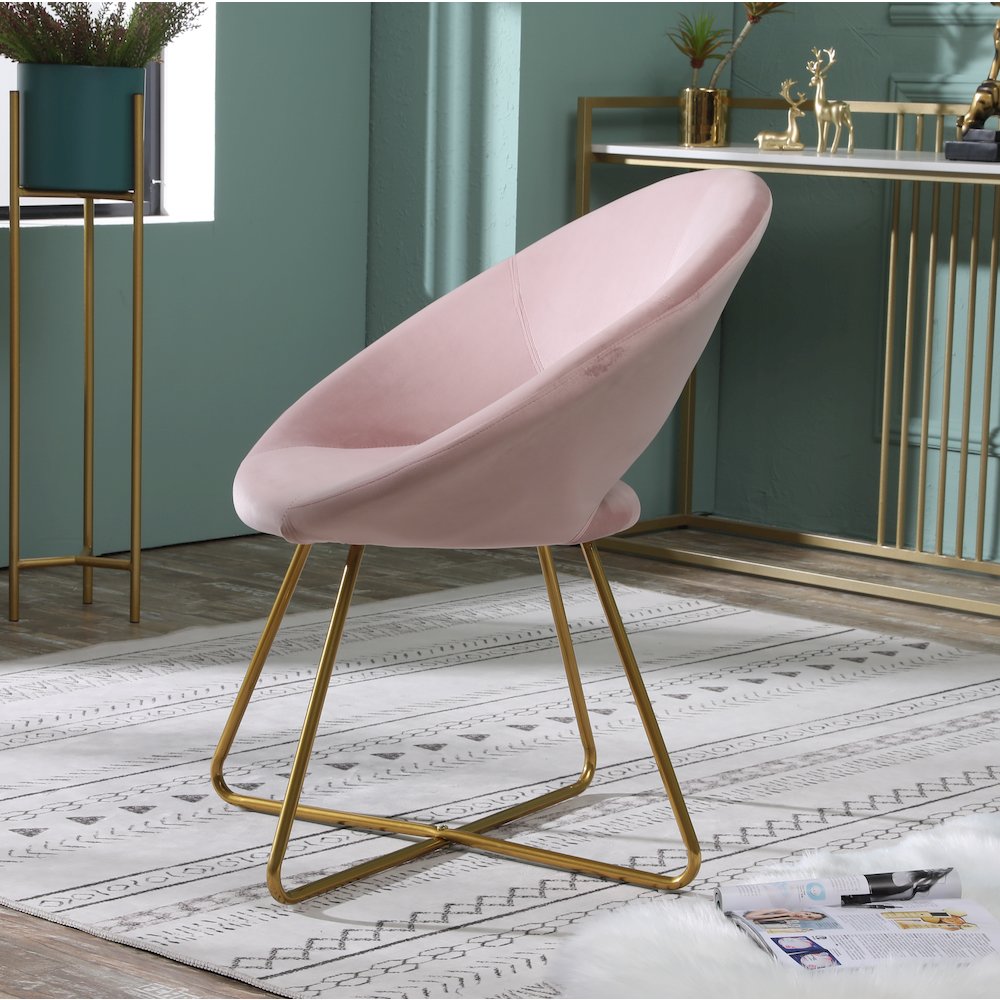 Slatina Pink Silky Velvet Upholstered Accent Chair with Gold Tone Finished Base. Picture 3