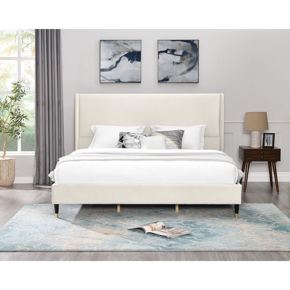 Rozitta Beige Velvet Wingback Platform Bed, King. Picture 3