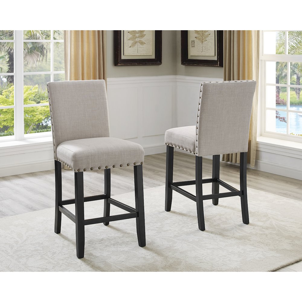 Biony Espresso Wood Counter Height Dining Set with Tan Fabric Nailhead Stools. Picture 4
