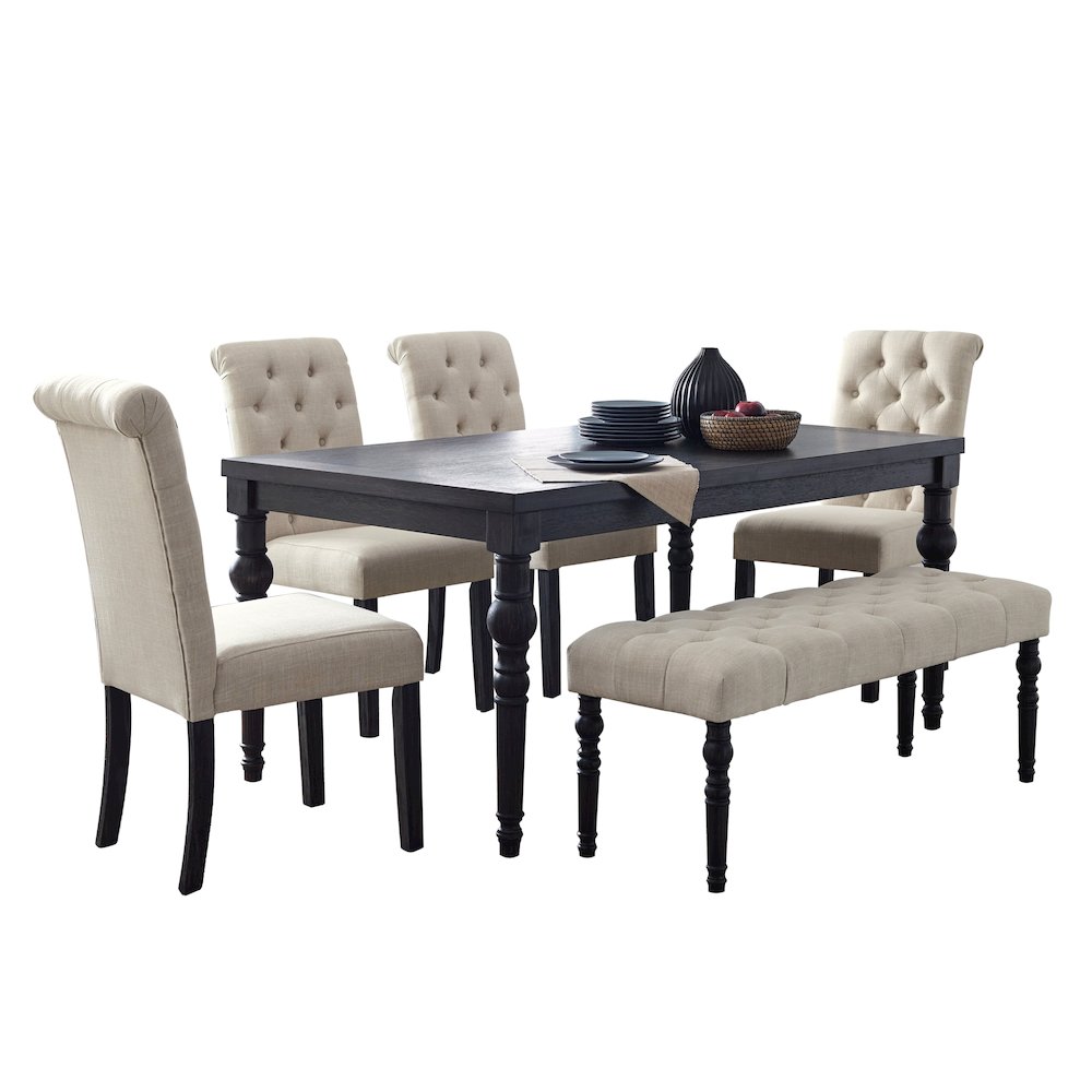 Leviton Urban Style Dark Wash Wood Dining Set Table, 4 Chairs and Bench, Tan. Picture 1