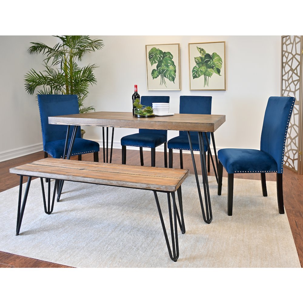 Ashzo 6-Pc Dining Set, Hairpin Dining Table with 4 Chairs and Bench, Blue. Picture 3