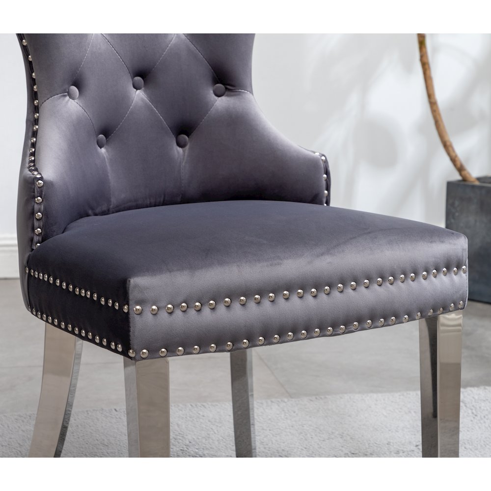 Montura Contemporary Tufted Velvet Chair with Nailhead Trim, Set of 2, Gray. Picture 8