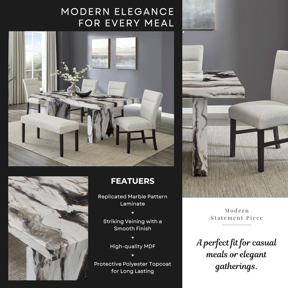 Cavira Modern Faux Marble Dining Table with 4 Chairs and Bench. Picture 6