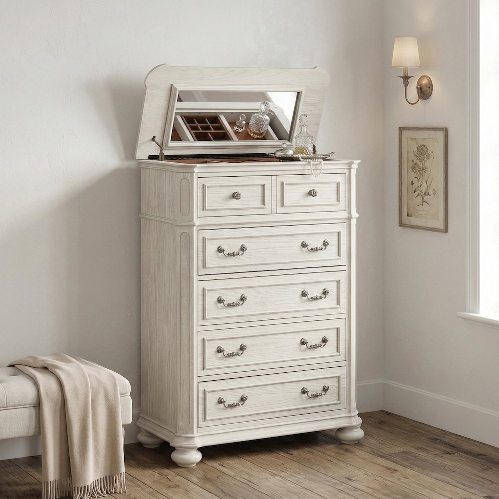 Nelson 5-Drawer Bedroom Chest with Flip-top, Antique White. Picture 2