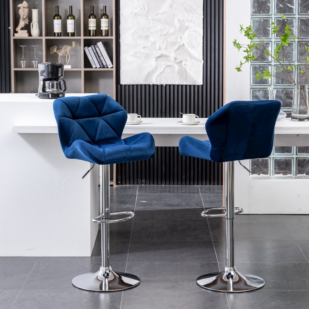 Breni Velvet Diamond Tufted Swivel Adjustable Height Barstool, Set of 2, Blue. Picture 4