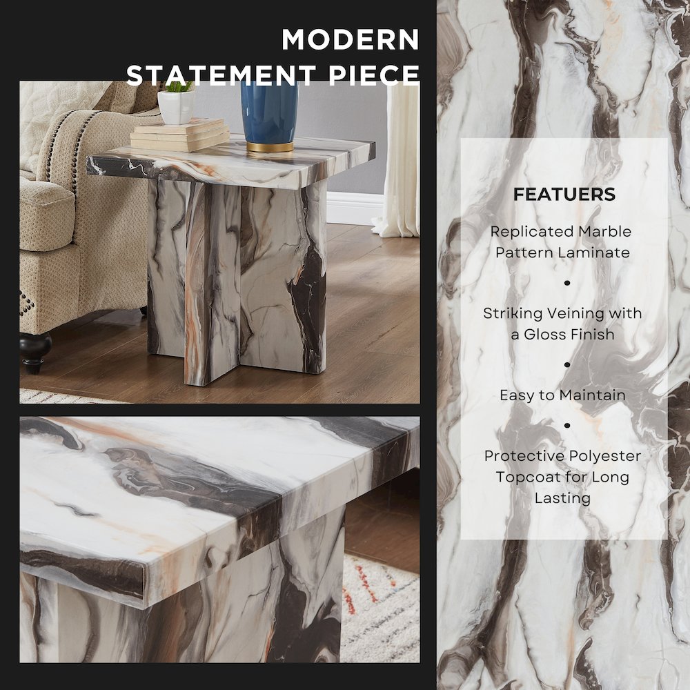 Cavira Modern Faux Marble Living Room Side Table, Off-white. Picture 4