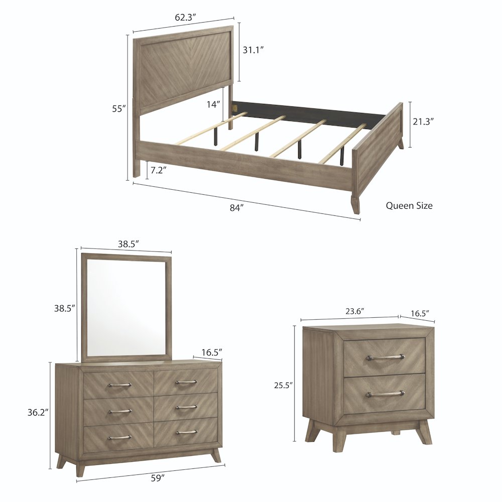 Wood Bedroom Set: Queen Bed, Dresser, Mirror, Nightstand in Weathered Sand. Picture 14